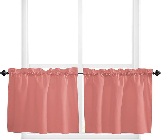 24 Inch Long Tier Curtains for Kitchen, Solid Color Coral Red Bathroom Window Curtains Rod Pocket Short Curtains Window Treatment Tiers for Living Room Farmhouse 2 Panels