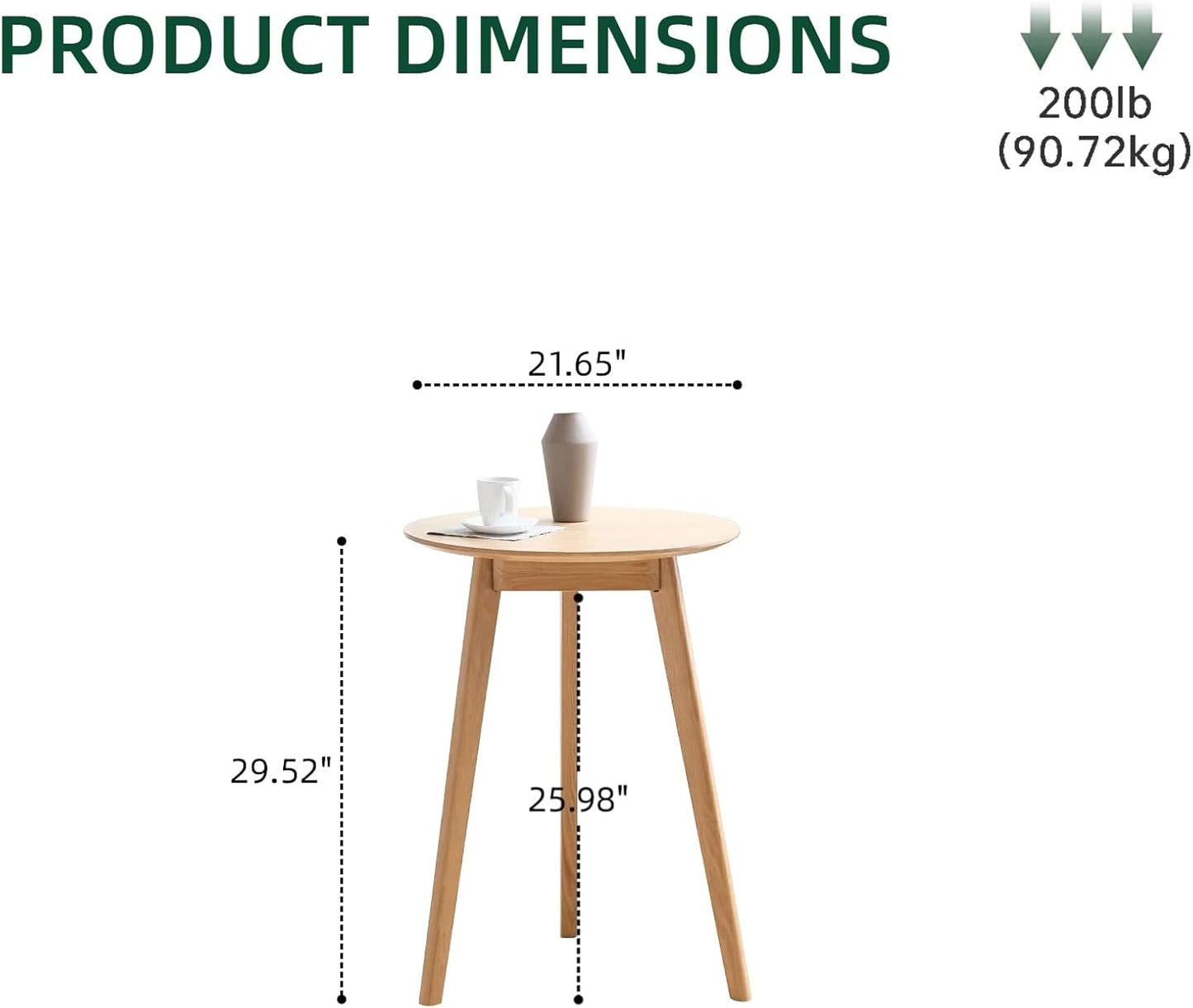 100% Solid Oak Small Tall Side Table, Mid Century Modern Coffee Table for Small Spaces, Living Room End Table with Stable Frame for Bedroom Couch, (Natural, 21.65" D x 21.65" W x 29.53" H)
