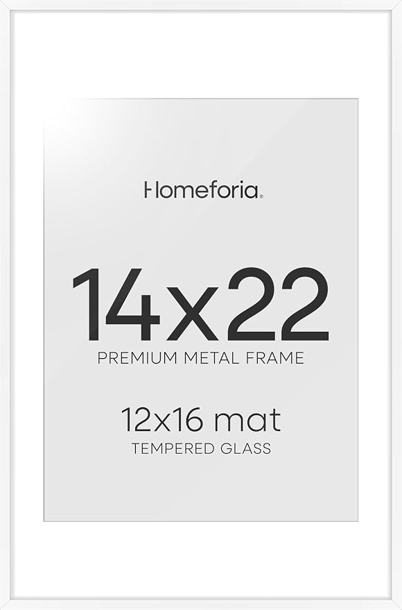 Homeforia 14x22 Picture Frame White, High End Metal 14 x 22 Poster Frames with Mat 12 x 16 for Photo, 14x22 White Frame Matted to 12x16 inch Print, 22x14 Thin Frame, Tempered Glass, Wall Kit, Set of 2