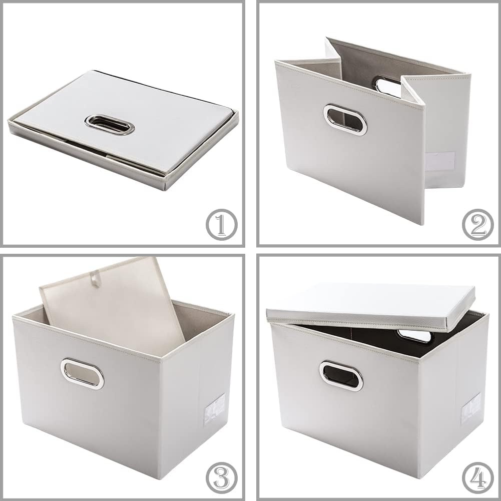 PRANDOM Large Stackable Storage Bins with Lids [3-Pack] Leather Fabric Foldable Storage Boxes Organizer Containers Baskets Cube with Cover for Bedroom Closet Office Nursery White (17.7x11.8x11.8)