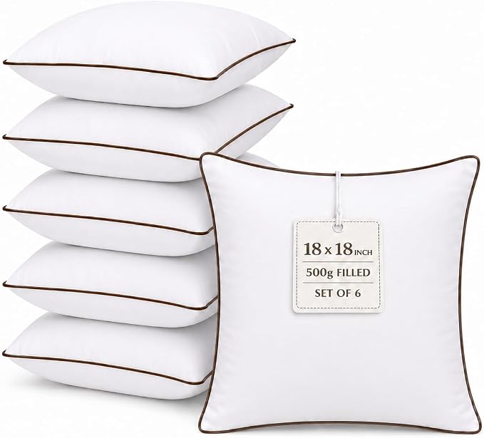 18 x 18 Inch Throw Pillow Inserts Set of 6 – Square White Cushion Forms with Brown Piping, 500g Filled for Decorative Pillow Covers