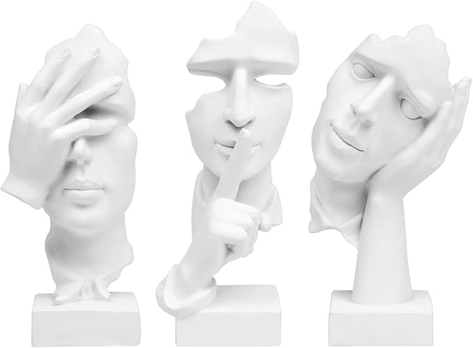 3 Pcs Thinker Statue, Silence is Gold Abstract Art Figurine, No Hear No See No Speak Modern Home Resin Sculptures Decorative Objects Decor for Home Office Bookshelf Desktop(White), A-41