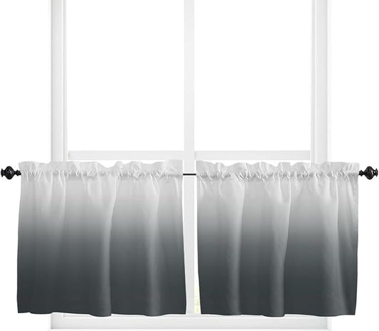 24 Inch Long Tier Curtains for Kitchen, Gray Gradient Bathroom Window Curtains Rod Pocket Short Curtains Window Treatment Tiers for Living Room Farmhouse 2 Panels