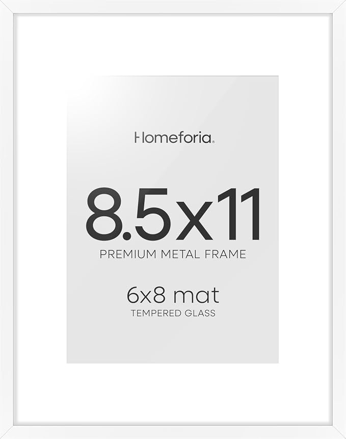 Homeforia White Picture Frame 8.5 x 11, High End Metal 8.5x11 Poster Frames with Mat 6x8 Photo, 8.5 x 11 Frame Matted to 6 by 8 Art, 8.5by11 Wall or Tabletop Frames, Tempered Glass, Wall Kit, Set of 2