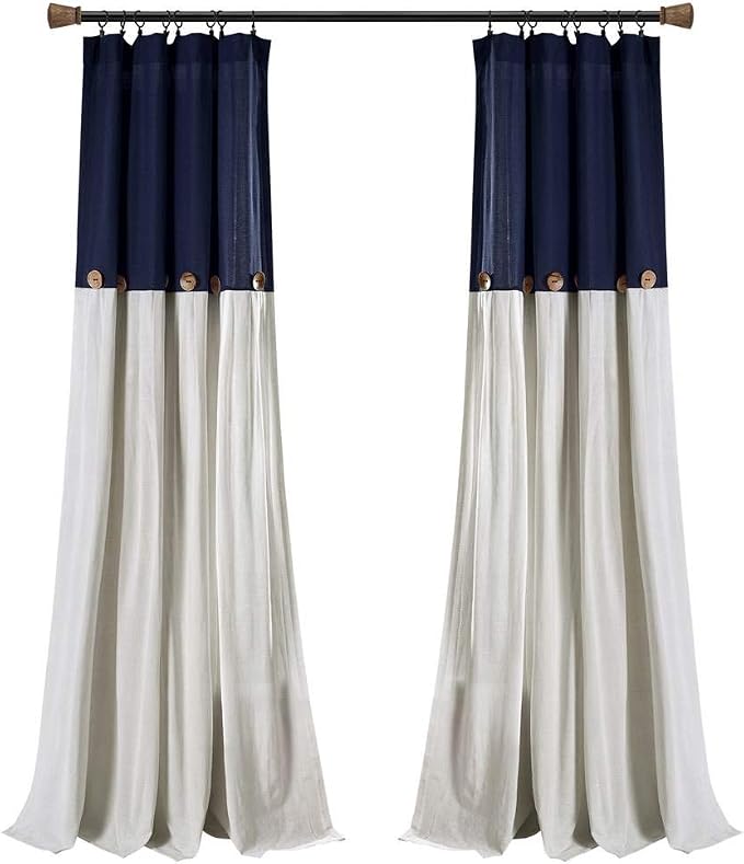 Lush Decor Linen Button Window Curtain Panel, Single, 40" W x 84" L, Navy & Off White- Country Curtains - Rustic Decor - Color Block - Modern Farmhouse Curtains
