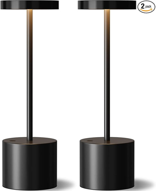 Black Cordless Table Lamp, 4000mAh Rechargeable Battery Powered Lamps, 3 Color Stepless Dimming, LED Wireless Outdoor Lamps for Dining Room, Bedroom, Bar, Cafe, Restaurant, Patio, Camping, Set of 2