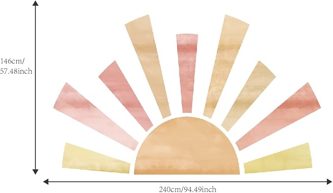 Large Fabric Watercolor Boho Half Sun Wall Decals Peel and Stick, Pastel Sunrise Wall Murals Stickers, Sunshine Wall Art Decor for Kids Room Playroom Nursery Bedroom, 94.49" x 57.48"