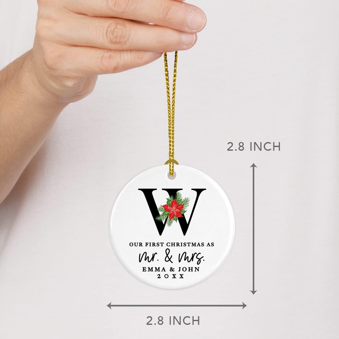Andaz Press Personalized Our First Christmas As Mr. & Mrs. 2025 Christmas Ornaments Monogram Poinsettia 2.8" Round Porcelain Ceramic 1st Year Married Custom Ornament Keepsake for Newlyweds 1-Pack