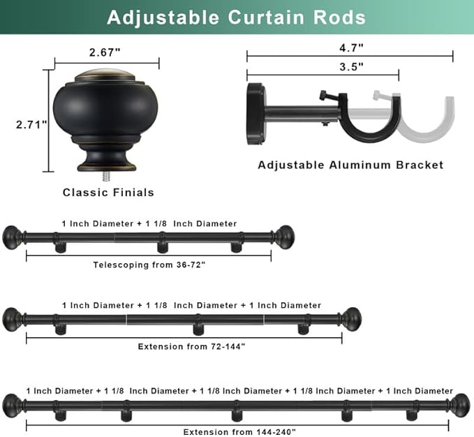 Heavy Duty Curtain Rods, 1 1/8" Diameter Curtain Rod for Window 36-72 Inch(3-6ft), Single Drapery Rods with Classic Finials and Adjustable Aluminum Alloy Brackets, Matte Black