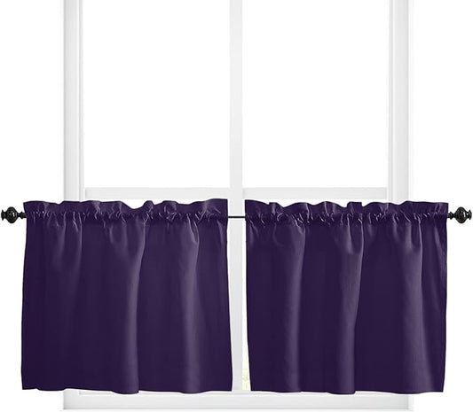 24 Inch Long Tier Curtains for Kitchen, Solid Color Dark Purple Bathroom Window Curtains Rod Pocket Short Curtains Window Treatment Tiers for Living Room Farmhouse 2 Panels