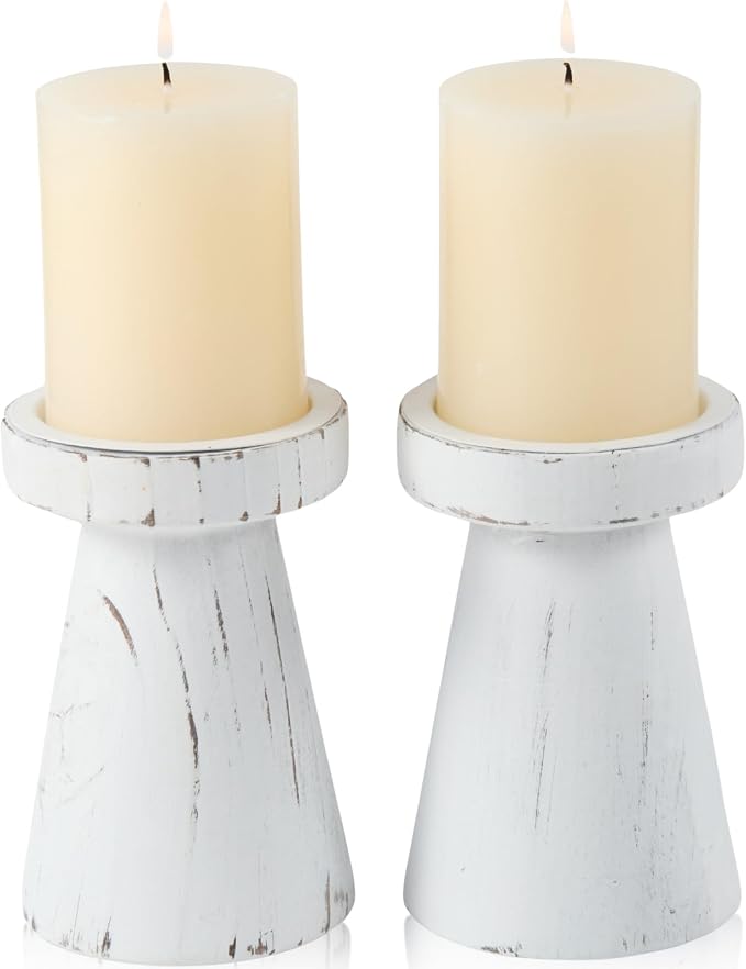 Wood Candle Holders for Pillar Candles, Set of 2 Vintage Rustic Tall Modern Farmhouse Decor, Decorative Wooden Candlestick Stand for Fireplace Mantel, Table Centerpiece - Distressed White