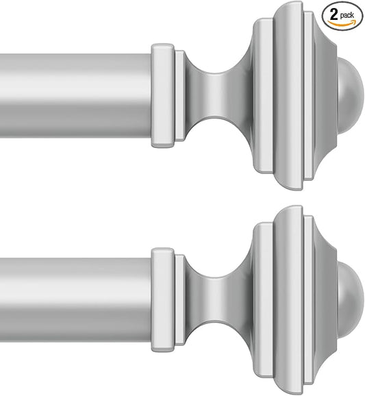 2 Pack Silver Curtain Rod for Windows 18-45 Inches, 1 Inch Heavy Duty Adjustable Drapery Pole, Modern Window Treatment Rod with Decorative Square Finials, Easy Installation