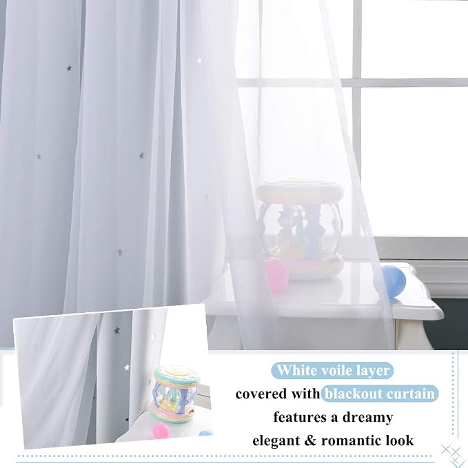 NICETOWN Bedroom Layered Room Darkening Curtains, Starry Cut Curtain with Sheer for Kids Nursery Living Room for Thanksgiving (Greyish White, W52 x L84, 1 Pair)