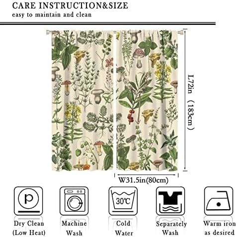 Vintage Botanical Curtains,Antique 1900s Plants Herbs Mushroom Blackout Window Drapes for Kitchen,Boho Retro Wildflower Green Leaf Ferns Farmhouse Window Treatment for Living Room 63x72in