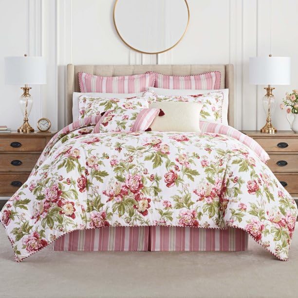 Waverly Forever Peony 4-Piece 100% Cotton Comforter Set - Full/Queen Berry Floral Print, with 2 Shams & 1 Bedskirt