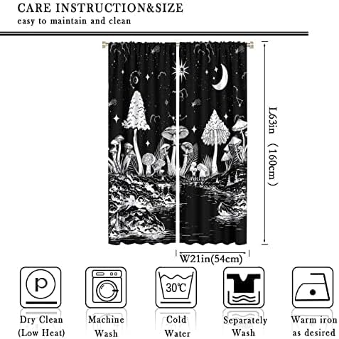 Black White Mushroom Curtains,Mountain with Pine Trees and Lake Landscape Window Drapes,Boho Galaxy Star Print Blackout Window Treatment for Bedroom Living Room College Dorm 42x63in