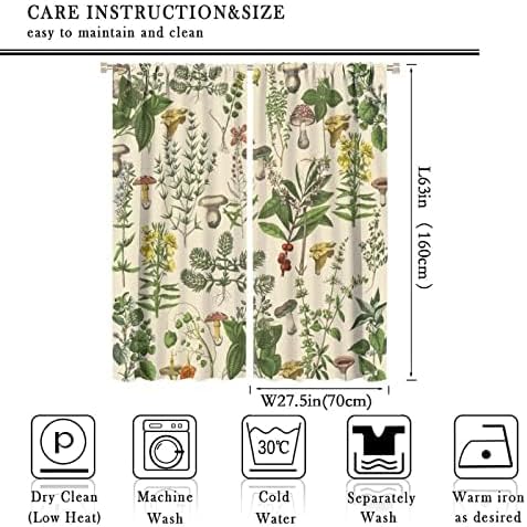 Vintage Botanical Curtains,Antique 1900s Plants Herbs Mushroom Blackout Window Drapes for Kitchen,Boho Retro Wildflower Green Leaf Ferns Farmhouse Window Treatment for Living Room 55x63in
