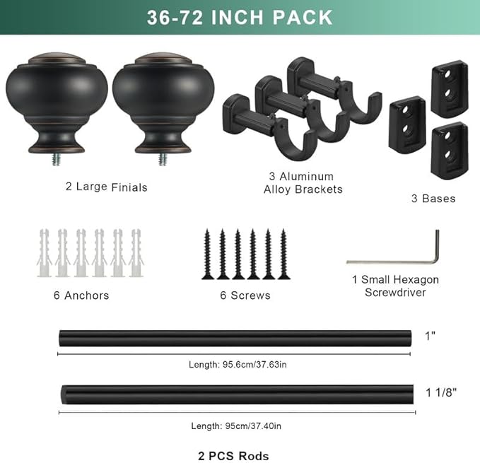 Heavy Duty Curtain Rods, 1 1/8" Diameter Curtain Rod for Window 36-72 Inch(3-6ft), Single Drapery Rods with Classic Finials and Adjustable Aluminum Alloy Brackets, Matte Black