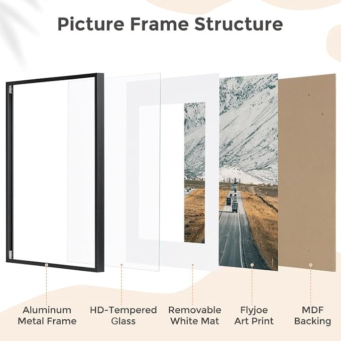 FLYJOE A3 Picture Frame Black - High-End Metal 11.7 x 16.5 Frame for Wall, Poster Frame, A3 Photo Frame with Mat A4, Aluminum Frame and Real Glass, Wall Kit, Black