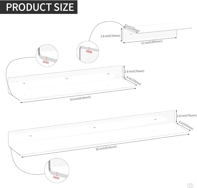 Sezanrpt Acrylic Wall Shelves 36 24 12 Inches, Clear Floating Shelf for Wall, Wall Mounted Display Shelves for Plants, Radio, Funko Pop, Stuffed Animal, Books, Clock, Cosmetics, Toiletries