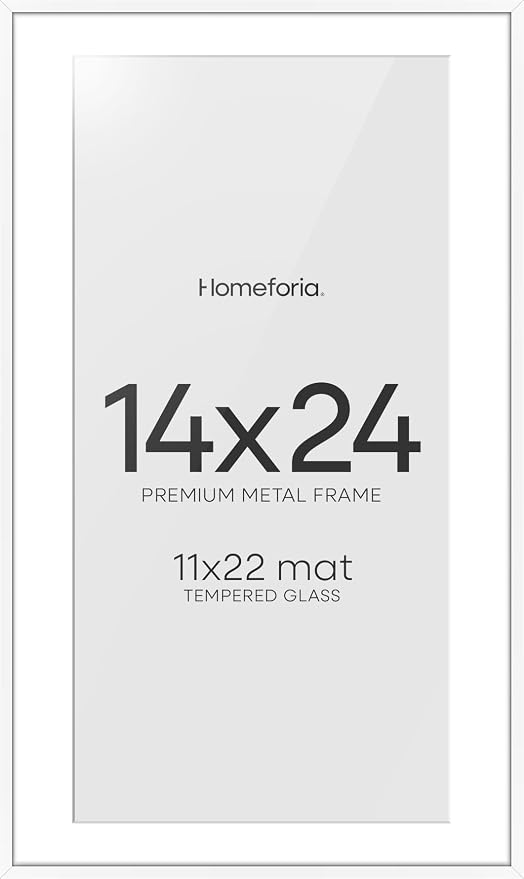 Homeforia 14x24 Picture Frame White, High End Metal 14x24 Poster Frames with Mat 11x22 Photo, 14 x 24 White Frame Matted to 11 by 22 Print, 24by14 Thin Hanging Frames, Tempered Glass, Wall Kit, Set of 2