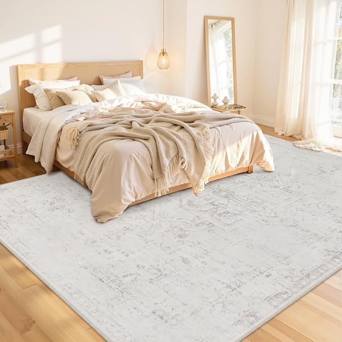 10x14 Area Rug for Living Room: Vintage Boho Neutral Washable Rug Indoor Soft Large Area Rug Carpet for Bedroom Nursery Farmhouse Dining Room Office Floor Non-Slip Low Pile Under Table Neutral Cream