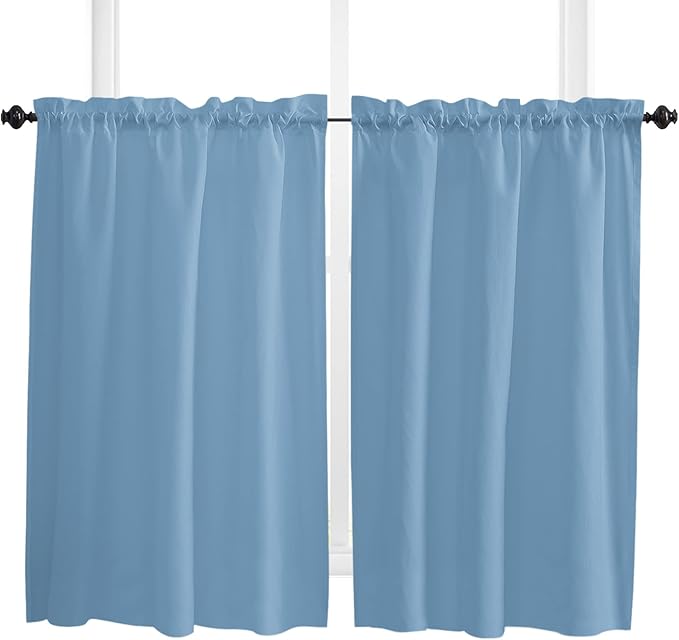 45 Inch Long Tier Curtains for Kitchen, Solid Color Dusty Blue Bathroom Window Curtains Rod Pocket Short Curtains Window Treatment Tiers for Living Room Farmhouse 2 Panels