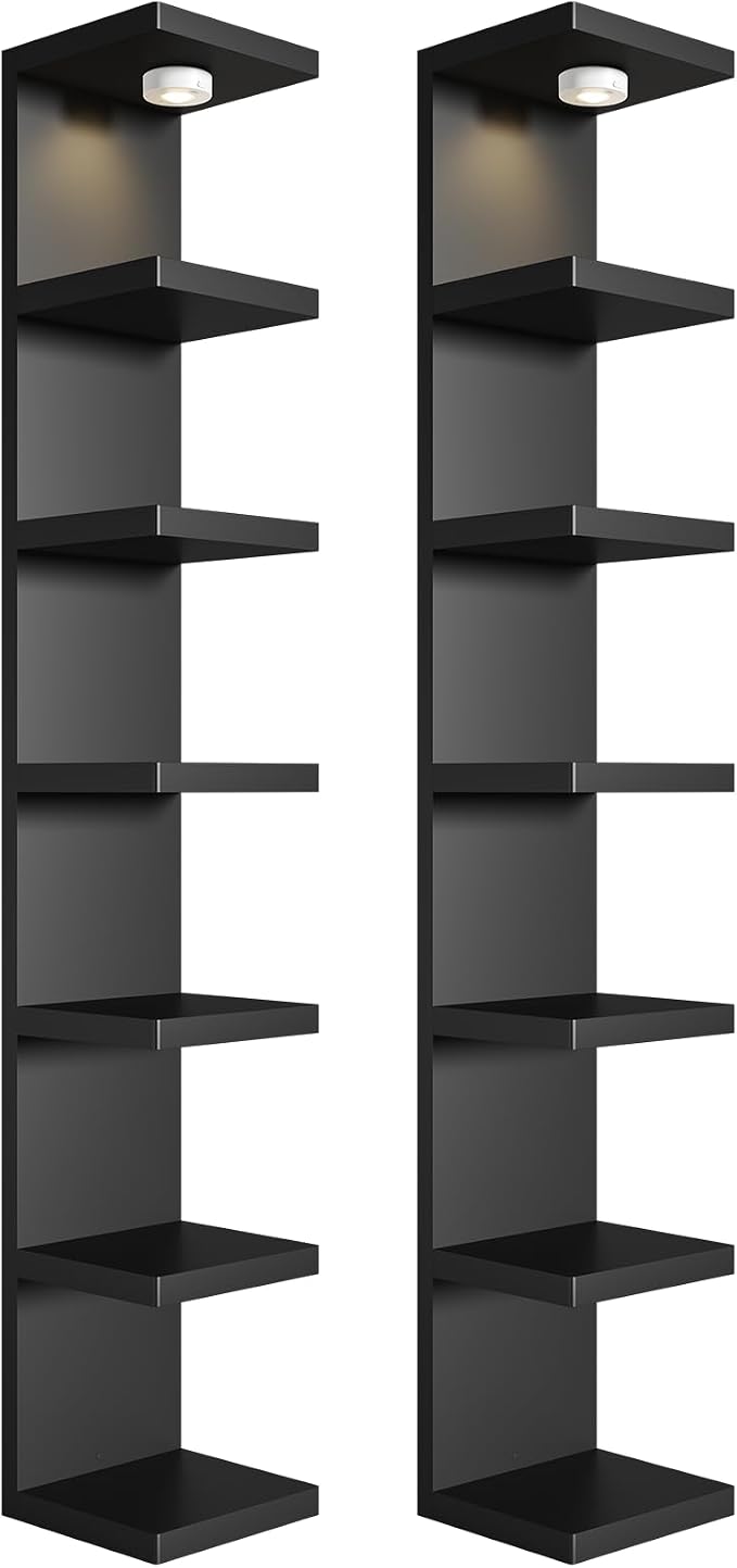 2 Pack-7 Tier Vertical Wall Shelf Unit with USB Rechargeable LED Light (Remote Controlled),Floating Lack Shelf,Versatile Display Shelves for Home Storage, Decor,Vanity-Black
