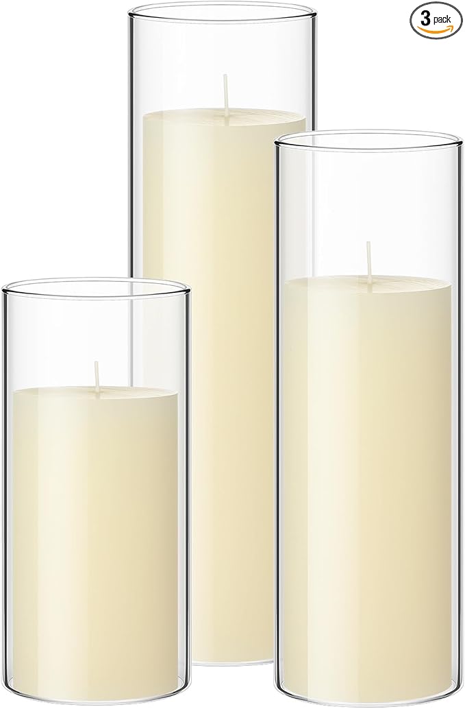 Shihanee Set of 3 Pillar Candles and 3 Glass Cylinder Candle Vases Holders Clear Pillar Jars for Wedding Centerpieces(3.4'' X 7", 9.8", 11.8",Ivory White)