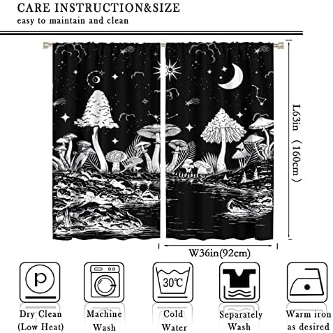 Black White Mushroom Curtains,Mountain with Pine Trees and Lake Landscape Window Drapes,Boho Galaxy Star Print Blackout Window Treatment for Bedroom Living Room College Dorm 72x63in