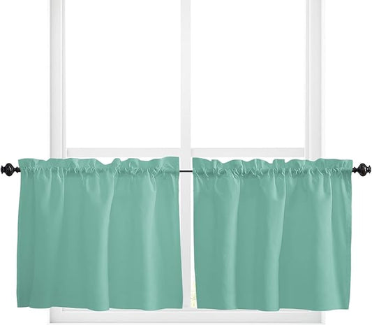 24 Inch Long Tier Curtains for Kitchen, Solid Color Medium Aqua Marine Bathroom Window Curtains Rod Pocket Short Curtains Window Treatment Tiers for Living Room Farmhouse 2 Panels