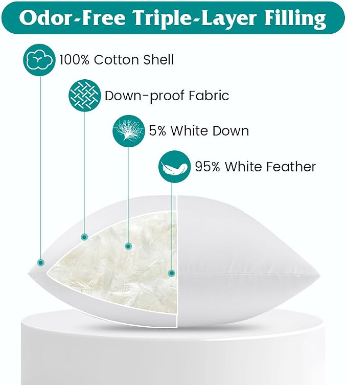 Oubonun 20 x 20 Down Feather Pillow Inserts - Fluffy and Plush Odor-Free Fill - 100% Breathable Cotton Fabric for Couch Sofa Bed, White, Pack of 4