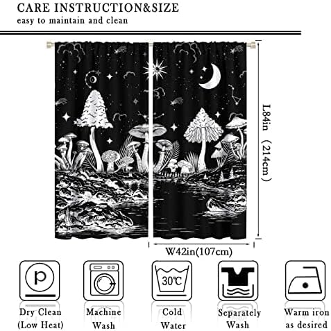 Black White Mushroom Curtains,Mountain with Pine Trees and Lake Landscape Window Drapes,Boho Galaxy Star Print Blackout Window Treatment for Bedroom Living Room College Dorm 84x84in