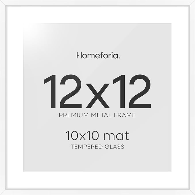 Homeforia White 12x12 Picture Frames, High End Metal 12 x 12 Square Poster Frame with Mat 10 x 10 Photo, 12x12 White Frame Matted to 10x10 Print, 12by12 Thin Frames, Tempered Glass, Wall Kit, Set of 2
