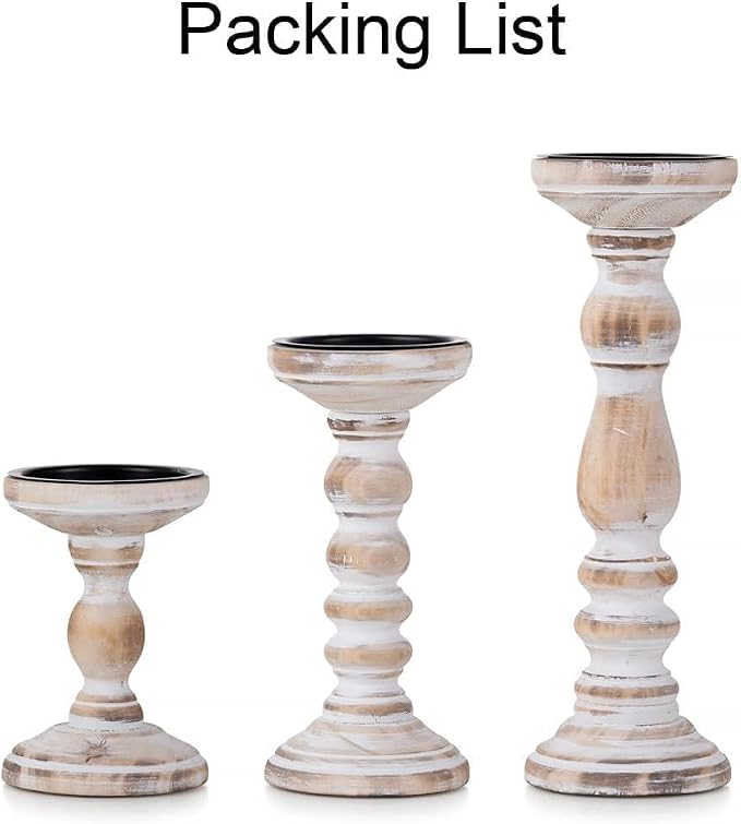 Wooden Pillar Candle Holder: Rustic White Candle Stand Wood Distressed Candleholders Farmhouse Fall Decor for Christmas Fireplace Mantle Dining Table Living Room Shelf Set of 3