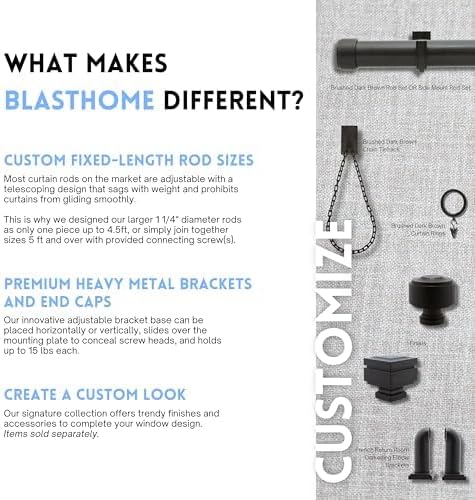 BlastHome® Non-Adjustable Luxury Extra Long Curtain Rod, 1 ¼” Rod Set, 18 foot Fixed Length (Four Rods Connect for a Seamless Look), Brushed Dark Brown