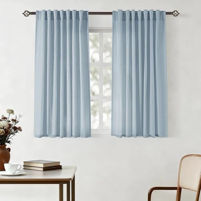 Stone Blue Curtains for Living Room Back Tab Modern Farmhouse Semi Sheer Blue Curtains 45 inches Long 2 Panels Set Muted Neutral Window Curtain for Dining Room Bedroom 52x45