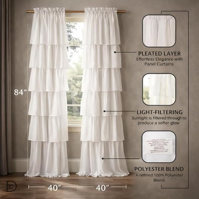 Dainty Home Pleated Layer Curtains for Living Room and Bedroom White 84" x 40" Set of 2 Rod Pocket Header Curtains Long Curtain Panel Window Curtains