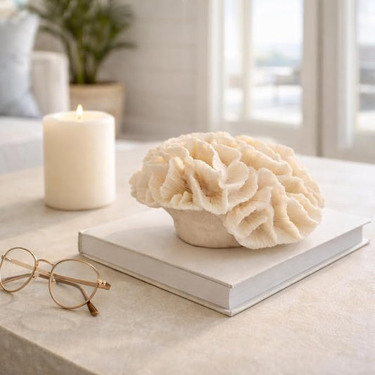 Polyresin Coral Figurine Sculpture – Decorative Accent for Shelf or Table, Coastal-Inspired Design for Living Room or Bedroom – Accent Piece for Any Room, Elegant Home Decor – 6x5x4, Ivory Tan