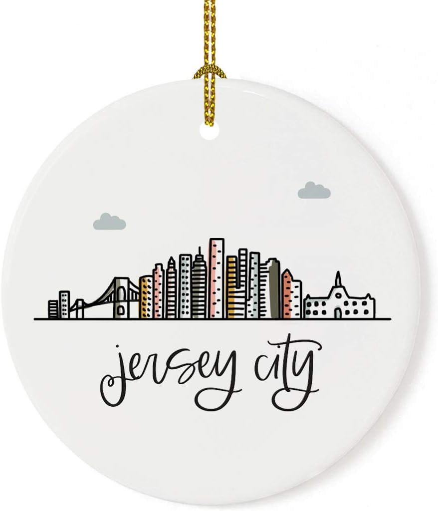 Andaz Press Round Ceramic Porcelain Christmas Tree Ornament Keepsake Gift, Jersey City, Colorful City Skyline Graphic, 1-Pack, Birthday Ideas Family Coworker Him Her, Includes Gift Box
