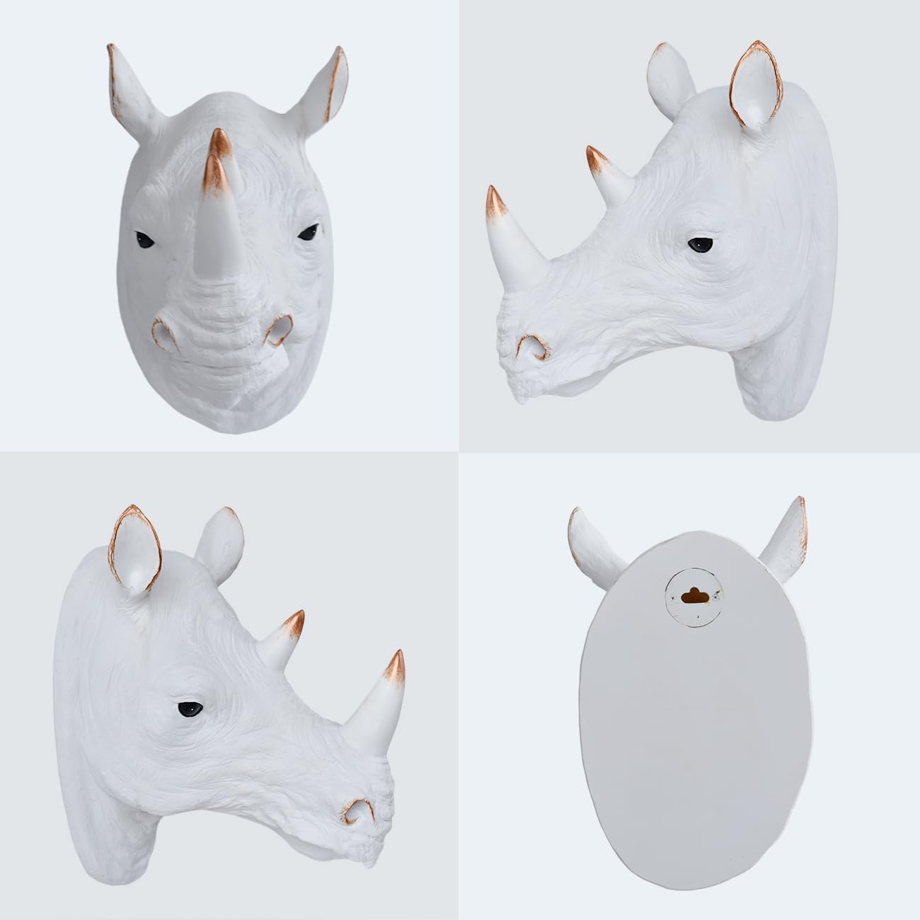 Rhino Head Wall Mount Resin Safari Animal Sculpture, Modern Faux Decor for Living Room Bedroom Office Realistic Wildlife Art Bust White