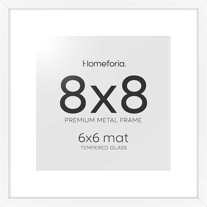 Homeforia 8x8 White Picture Frame, High End Metal 8 x 8 Square Photo Frames with Mat 6 by 6, 8x8 Poster Frame Matted to 6x6 inch Print, 8by8 Wall or Tabletop Frames, Tempered Glass, Wall Kit, Set of 1