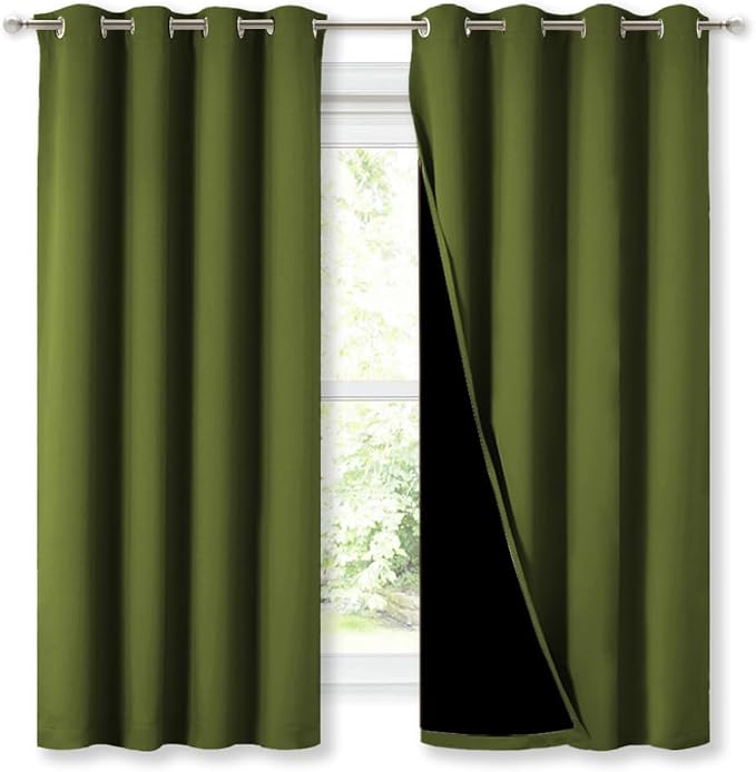 NICETOWN 100% Blackout Curtains 54" Long, Olive Green, 1 Pair, 52" Width Each Panel, Double-Deck Completely Blackout Window Treatment Thermal Insulated Lined Drapes for Small Window