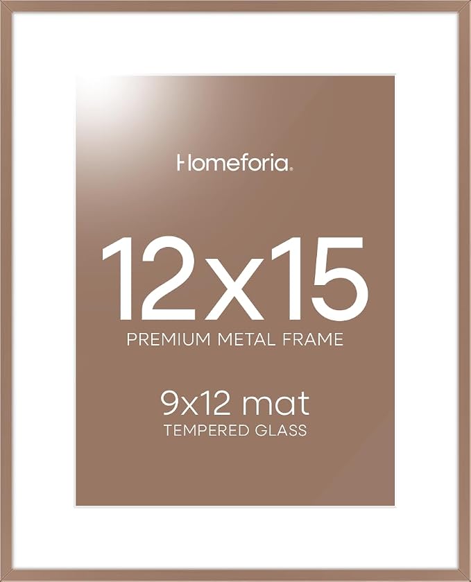 Homeforia 12x15 Picture Frame Mocha, High End Metal 12x15 Poster Frames with Mat 9x12 for Photo, 12 x 15 Mocha Frame Matted to 9 by 12 Print, 15x12 Thin Hanging Frame, Tempered Glass, Wall Kit, Set of 2