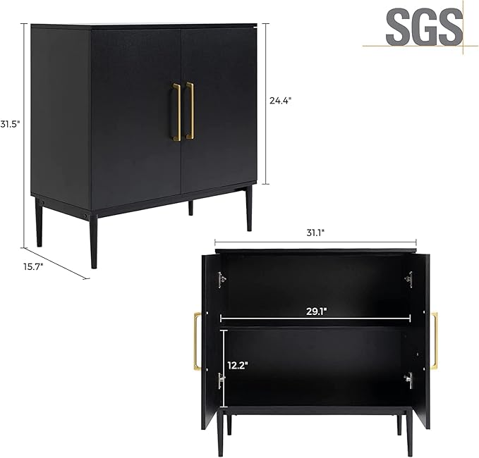 Set of 2 Black Storage Cabinet with Doors, Modern Accent Cabinet, Free Standing Cabinet with Adjustable Shelf, Wooden Buffet Sideboards for Living Room, Kitchen, Dining Room, Entryway