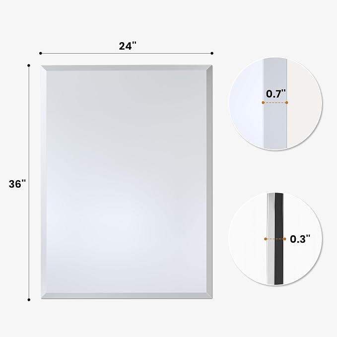24 x 36 Inch Large Rectangular Bathroom Mirror, Frameless Beveled Vanity Mirror for Over Sink, Solid-Backed 2-Way Wall Mirror for Master Bath