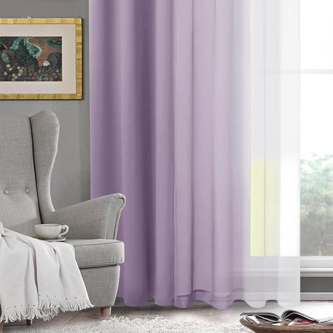 DWCN Ombre Sheer Curtains - 84 inches Long Faux Linen Gradient Semi Voile Curtains for Bedroom and Living Room, Set of 2 Grommet Top Window Curtain Panels, 42 x 84 Inches Long, Lavender