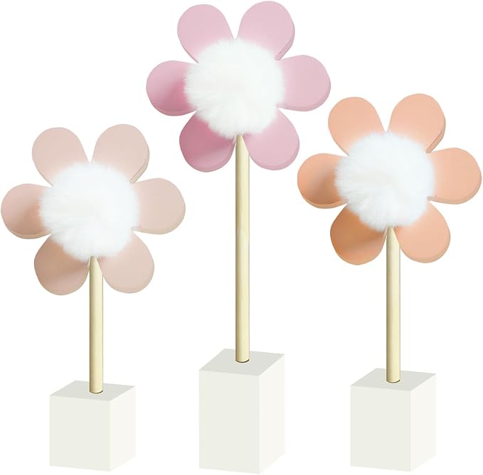 3 Pack Daisy Nursery Shelf Decor, Wooden Spring Flower with Pompom Pistil Boho Baby Girl Nursery Room Decoration Bohemian Cute Wall Art for Bedroom Kindergarten Classroom Playroom Bookshelf Gift