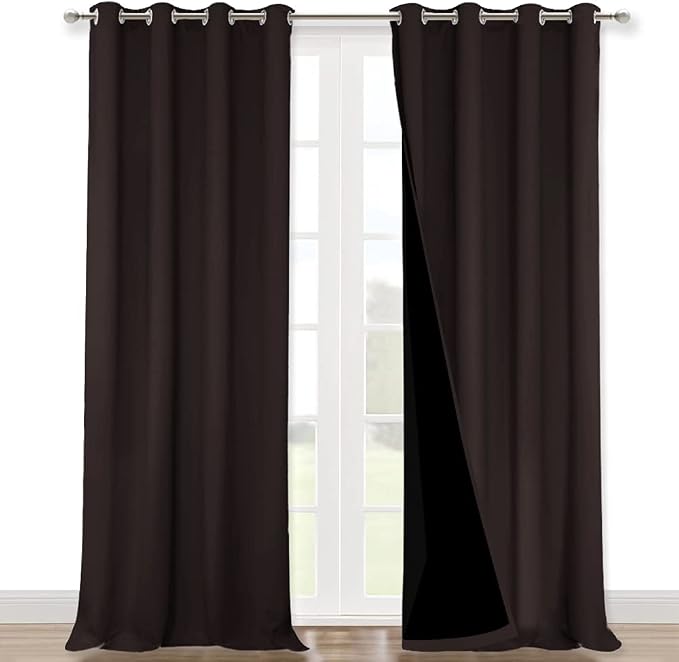 NICETOWN Cold Blocking 100% Blackout Curtains, Durable Black Lined Blackout Curtains for Bedroom, Energy Saving Long Curtains for Patio Sliding Glass Door, Brown, 52 inches x 95 inches, 2 Panels