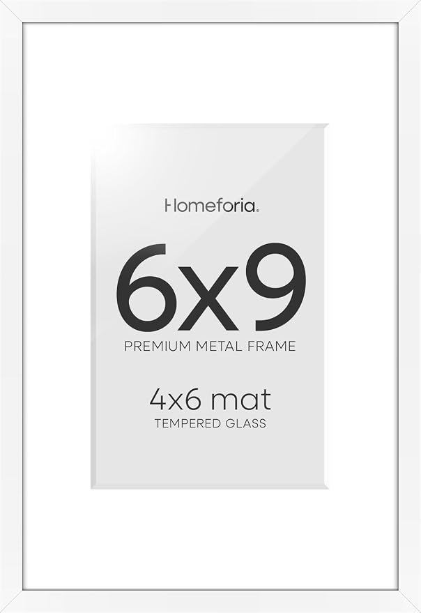 Homeforia 6x9 Picture Frame White, High End Metal 6 x 9 Frames with Mat 4 by 6 for Print, Photo Frame 6x9 White Matted to 4x6 inches Art, 6by9 Wall or Tabletop Frames, Tempered Glass, Wall Kit, Set of 2
